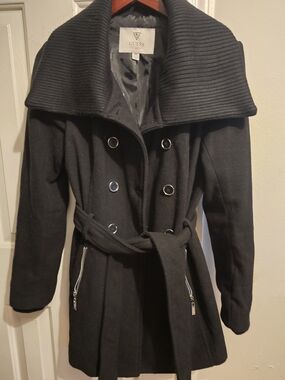 GUESS Black Double-Breasted Belted Coat